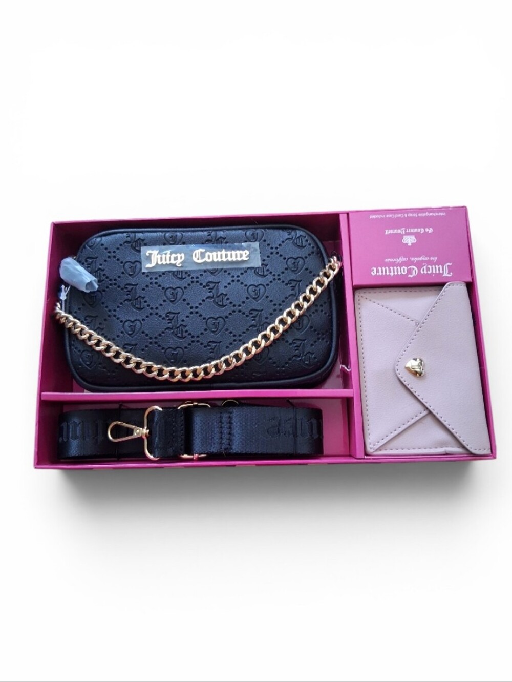 🆕️ Juicy Couture Black Quilted Crossbody (Camera bag) Pink Envelope Card Holder